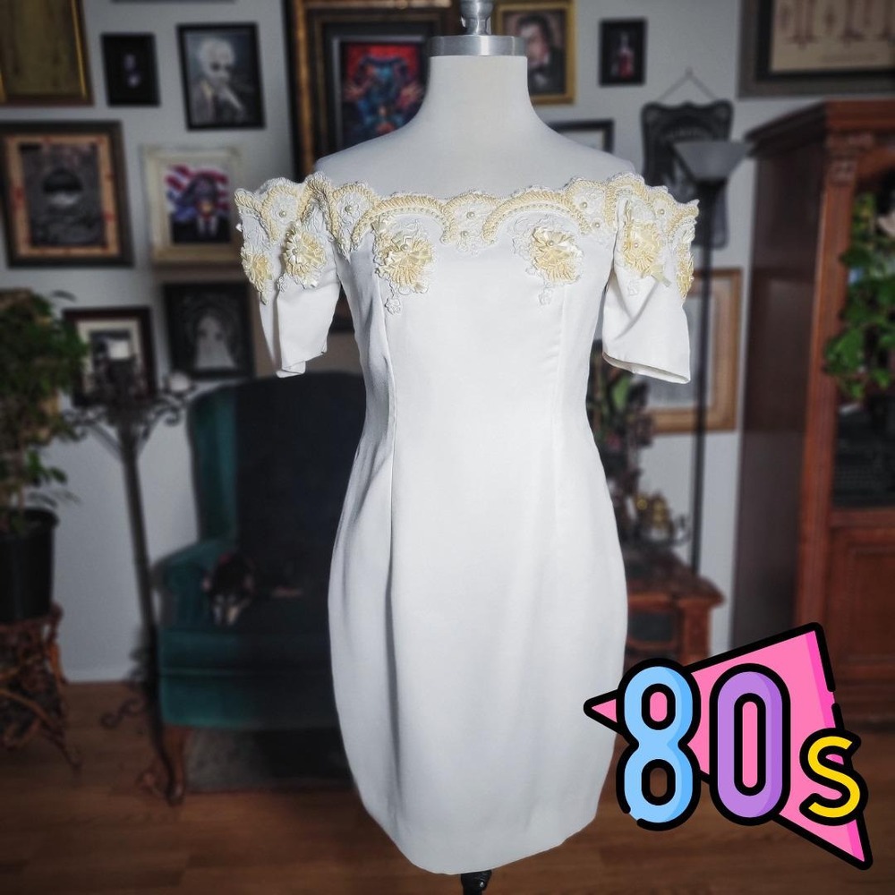 White Off-Shoulder Cocktail Dress Vintage 80s Lace Embellished Elegant‎ Formal